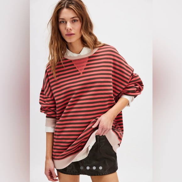 We The Free Tops - NWT FREE PEOPLE WE THE FREE Classic Striped Oversized Crewneck In Coral Combo XS